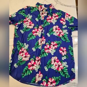 VTG SaraUSA Large Men's Hawaiian Blue Floral Shirt with Pink and Green Accents